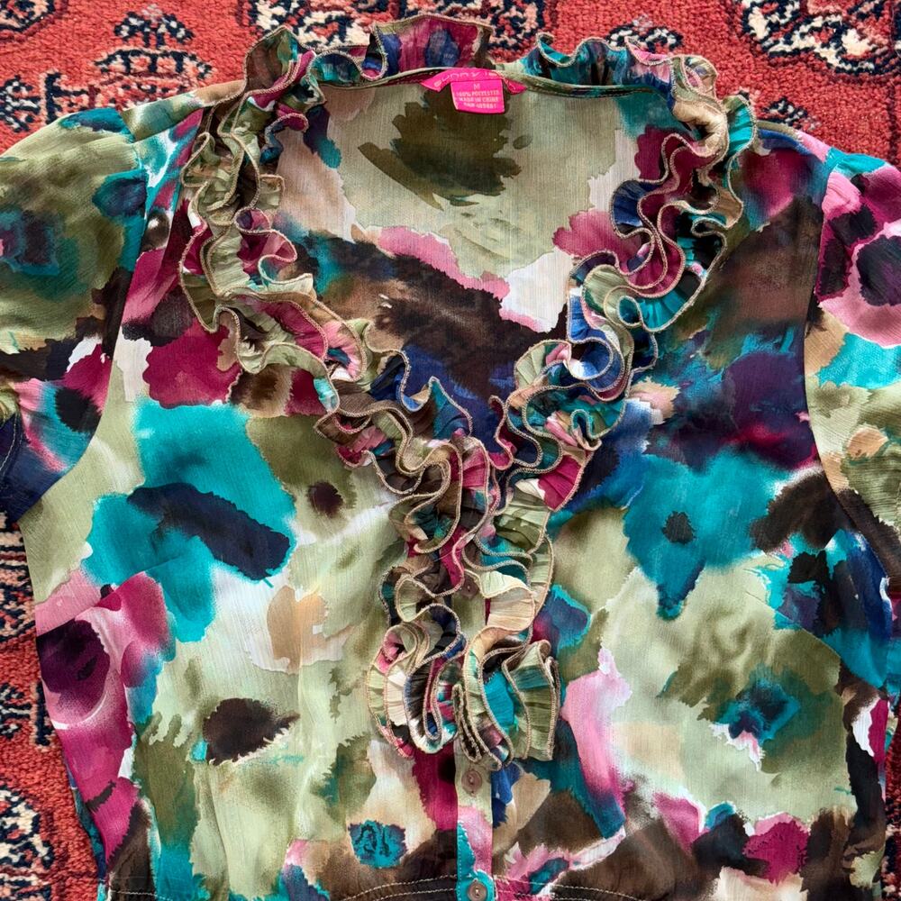 Sunny Leigh M Jewel Tones Watercolor Abstract‎ Print Ruffle Neckline Girly Top - Picture 2 of 5